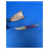 Damascus Steel Mini Knife with Red and Blue Handle, Key Ring, and Leather Sheath