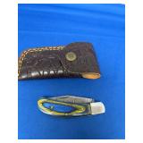Folding Pocket Knife with Damascus Blade and Blue-Yellow Handle with Leather Sheath