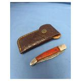 Folding Pocket Knife with Damascus Steel Blade and Wood Handle Including Leather Sheath