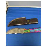 Damascus Steel Fixed Blade Knife with Multicolored Wood Handle and Leather Sheath