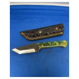 Custom Forged File Blade Knife with Green Swirl Acrylic Handle and Sheath