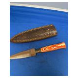 Custom Fixed Blade Knife with Orange and White Multi-Color Wood Handle and Leather Sheath