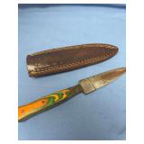 Damascus Steel Fixed Blade Knife with Multicolored Wood Handle and Leather Sheath