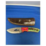 Custom Fixed Blade Knife with Shark Cutout and Multi-Color Wood Handle and Sheath