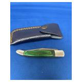 Folding Pocket Knife with Damascus Steel Blade and Green Handle with Sheath