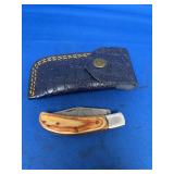 Damascus Steel Folding Pocket Knife with Bone Handle and Leather Sheath
