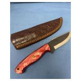Custom File Blade Fixed Knife with Red Swirl Handle and Sheath