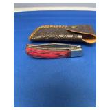 Folding Pocket Knife with Damascus Steel Blade and Red Wood Handle with Leather Sheath