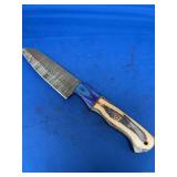 Custom Damascus Steel Fixed Blade Knife with Multi-Colored Wood and Bone Handle
