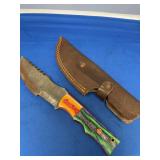 Custom Damascus Fixed Blade Knife with Multicolored Wood Handle and Leather Sheath