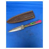 Damascus Steel Fixed Blade Knife with Pink and Green Multi-Color Wood Handle and Leather Sheath