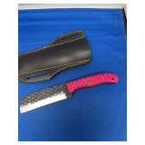 Custom Hand Forged Cleaver Knife with Pink Layered Handle and Leather Sheath