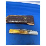 Folding Pocket Knife with Damascus Steel Blade and Wood Handle Including Leather Sheath