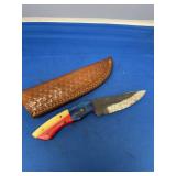 Custom File Blade Fixed Knife with Multi-Color Handle and Leather Sheath