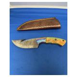 Custom Damascus Steel Gut Hook Fixed Blade Knife with Multicolored Wood Handle and Leather Sheath