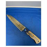 Custom Damascus Steel Chef Knife with Blue and Wood Handle