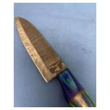 Custom Chef Knife with Pattern-Welded Steel Blade and Multi-Color Stabilized Wood Handle