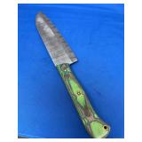 Damascus Steel Kitchen Knife with Green and Brown Wood Handle