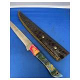 Custom Fixed Blade Knife with Pattern-Welded Blade and Multicolored Composite Handle with Leather Sheath