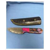 Custom Fixed Blade Knife with Pattern Welded Damascus Steel and Multicolored Resin Handle with Leather Sheath