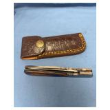 Folding Pocket Knife with Damascus Steel Blade and Leather Sheath