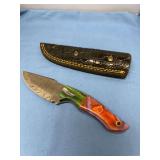 Custom Fixed Blade Knife with Damascus Steel and Multicolored Handle with Sheath