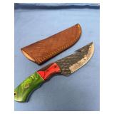 Custom Gut Hook Knife with Textured Blade and Multicolored Handle with Leather Sheath