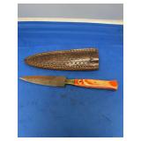 Custom Damascus Steel Fixed Blade Dagger with Multi-Color Wood Handle and Leather Sheath