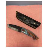 Custom Forged File Blade Knife with Blue and Brown Swirl Resin Handle and Leather Sheath