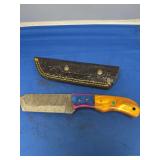 Custom Damascus Fixed Blade Knife with Multicolored Handle and Leather Sheath