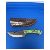Custom Gut Hook Fixed Blade Knife with Pattern Welded Damascus Steel and Green Wood Handle