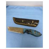 Custom Fixed Blade Knife with Damascus Steel Blade and Blue Swirl Handle with Sheath