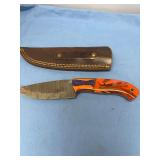 Custom Fixed Blade Damascus Knife with Colored Resin Handle and Leather Sheath