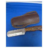 Custom Damascus Steel Fixed Blade Knife with Orange and Black Patterned Handle and Leather Sheath