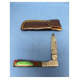 Folding Pocket Knife with Damascus Steel Blade and Leather Sheath