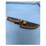 Custom Fixed Blade Damascus Knife with Multi-Material Handle and Leather Sheath