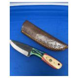 Custom Forged File Blade Knife with Multicolored Wood Handle and Leather Sheath