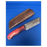 Custom Fixed Blade Knife with Damascus Pattern Steel Blade and Multi-Colored Wood Handle with Sheath