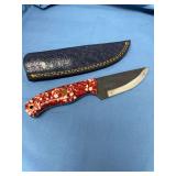 Custom Handcrafted Rasp Blade Knife with Red and White Resin Handle and Leather Sheath