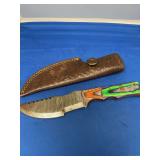 Damascus Steel Fixed Blade Knife with Multicolored Wood Handle and Leather Sheath