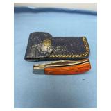 Folding Pocket Knife with Damascus Steel Blade and Leather Sheath