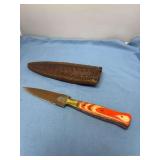 Fixed Blade Knife with Damascus Steel Blade and Colored Wood Handle with Leather Sheath