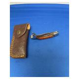 Custom Fish-Shaped Folding Pocket Knife with Damascus Steel Blade and Leather Sheath