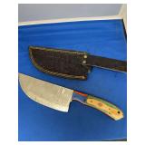 Damascus Steel Kitchen Cleaver with Multi-Color Wood Handle and Sheath