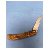 Folding Pocket Knife with Carved Wood Handle and Single Blade