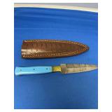 Damascus Steel Fixed Blade Knife with Blue Handle and Leather Sheath