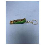 Folding Pocket Knife Keychain with Green Handle and Patterned Blade