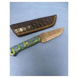 Damascus Steel Fixed Blade Knife with Blue and Green Stabilized Wood Handle and Leather Sheath