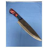 Custom Forged File Blade Knife with Red and Blue Multi-Material Handle