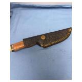Custom Bowie Knife with Damascus Steel Blade and Wood Handle in Leather Sheath